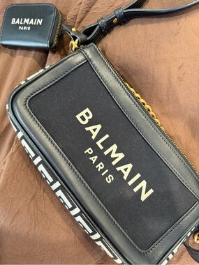 Balmain Black Logo Canvas and Leather Shoulder Bag